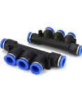 20 Pack 5-Way Pneumatic Push In Tube Fitting Kit For 4 6 8 10 And 12mm Hoses. This Sweet Distribution Manifold Is Total Flex For Your Air Tools And Automation Projects To Get Stuff Done Fast. Perfect For Connecting Lines With A Snap And No, black plastic 5-way pneumatic manifold fittings with blue hose connectors