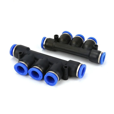 20 Pack 5-Way Pneumatic Push In Tube Fitting Kit For 4 6 8 10 And 12mm Hoses. This Sweet Distribution Manifold Is Total Flex For Your Air Tools And Automation Projects To Get Stuff Done Fast. Perfect For Connecting Lines With A Snap And No, black plastic 5-way pneumatic manifold fittings with blue hose connectors