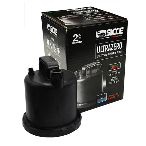 Ultra Zero 793 GPH Multi Purpose Water Pump With Garden Hose Connection And Portable Handle next to box packaging
