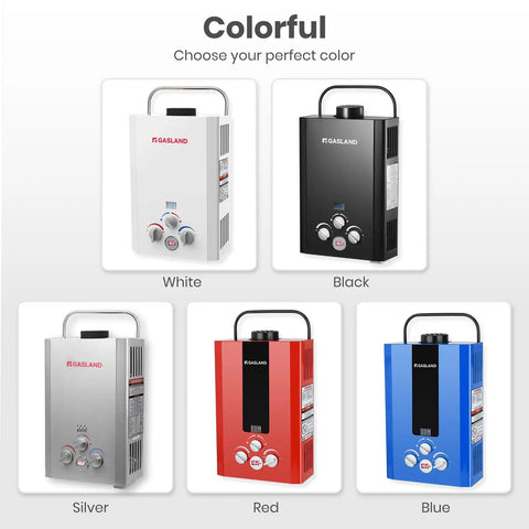 6L Portable Propane Tankless Water Heater With Digital Display And Multi Protection in white, black, silver, red, and blue colors