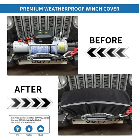 Beefed-Up Waterproof Winch Cover For 8000-13500 Lb Winches, Heavy-Duty 900D Oxford Fabric With PVC Coating, Reflective Ribbon, All-Weather Protection Against The Elements, front view