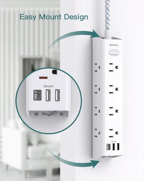 12 Outlet Surge Protector Power Strip With 5 Ft Flat Plug, 3 USB Ports shown mounted on wall with close-up of USB ports