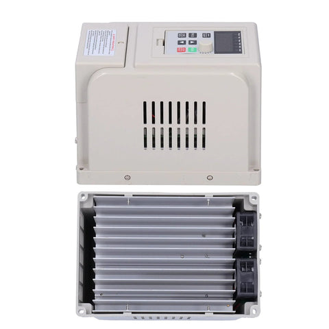 Cream variable frequency drive (VFD) with top-mounted control panel, side vents, and bottom finned heatsink housing.