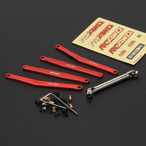 35mm Extended Wheelbase Suspension Kit With 70mm CVD Drive Shaft Upgrades For FMS FCX24 1 By 24 Crawlers - Extended Upper And Lower Linkage, Rock Bouncer Ready, Red Finish, All In One Upgrade. Red aluminum link arms and 70mm CVD shaft for FCX24 crawler