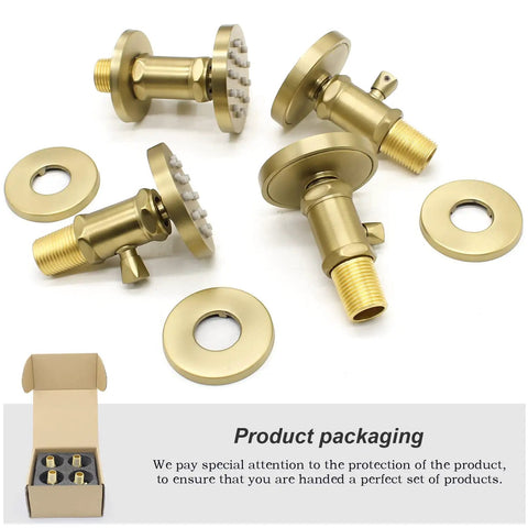 Solid Brass Shower Body Jets With Adjustable Flow For High Pressure Massage Round Spa Spray Jets For Concealed Wall Mounting Brushed Gold Finish Independent On Off Control 4 Pack Great For A Home Spa Upgrade showing parts and packaging.