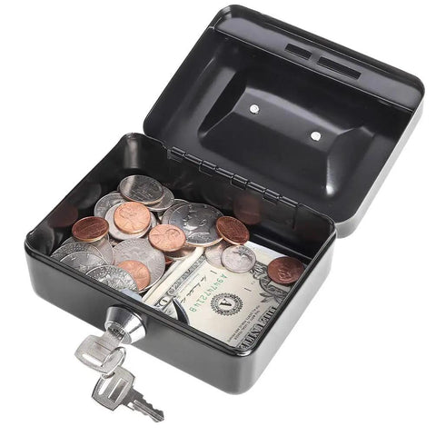 Compact Locking Cash Box For Coins And Meds With A Secure Keyed Lock, Tiny Yet Sturdy Steel Money Box open showing coins and keys