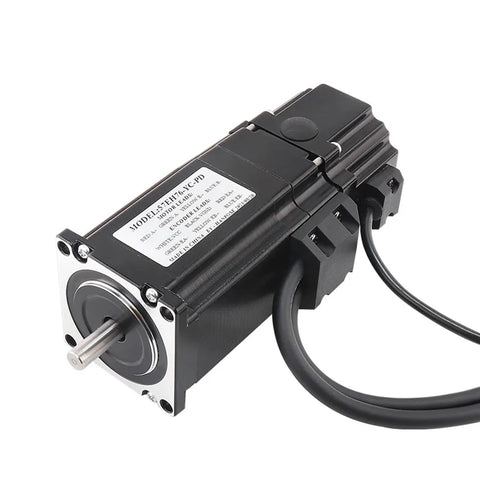 Front view of a black NEMA23 servo motor with protruding shaft, silver mounting face, and attached cables