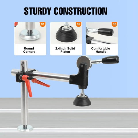 Dead Legit Sliding Table Saw Clamp And Presser Featuring Rugged Cast Iron Build With Comfy Anti Slip Grip For Precision Woodworking showing solid handle and 2.4 inch plate.