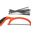 Built Tough Portable Mini Hacksaw Featuring Thickened Carbon Steel Blade And Ten Spare Replacements for effortless cutting in garage.