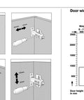 Chart and diagrams showing installation and adjustment for Two Pack Frameless Cabinet Hinges With No Squeak Soft Close.