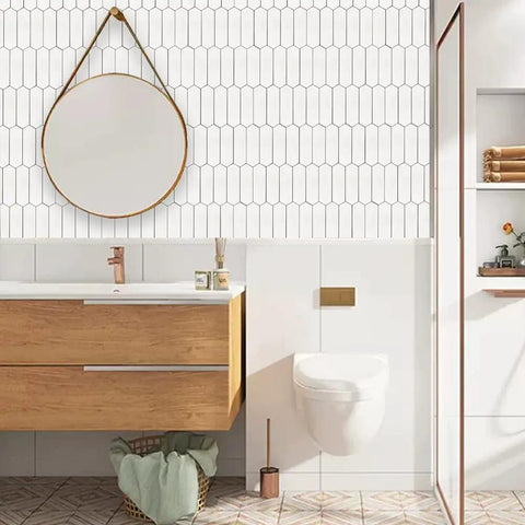 Peel And Stick Picket Tile Backsplash White Matte Ceramic Look Long Hexagon Self Adhesive Wall Tiles Pack Of 12 in bathroom setting