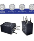 Heavy Duty 2 Pack Fuel Pump Relay 5 Pin 30 Amp 12 Volt Direct Plug Power Switch showing black housing and metal coated pins.