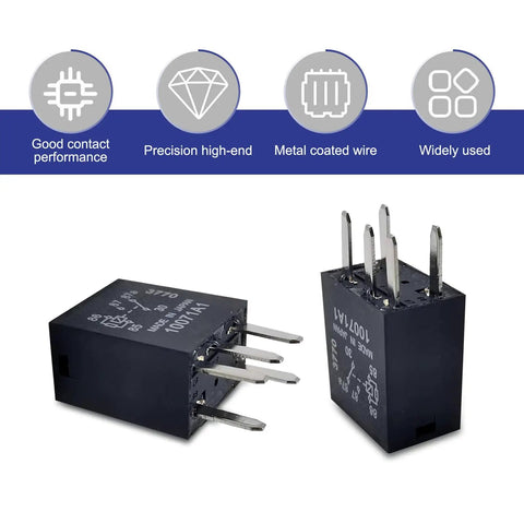 Heavy Duty 2 Pack Fuel Pump Relay 5 Pin 30 Amp 12 Volt Direct Plug Power Switch showing black housing and metal coated pins.
