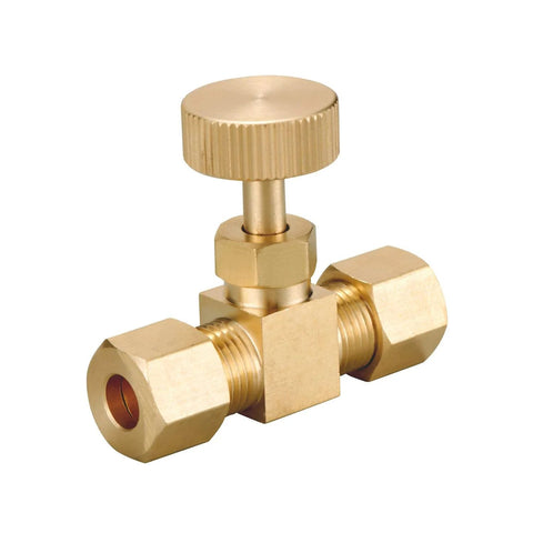 Brass replacement needle valve with 1/4 in compression fittings and knurled adjustment knob, front view