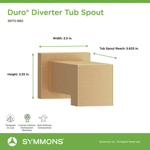 Duro Diverter Tub Spout 36ITS-BBZ dimensions with warranty details and features highlighted