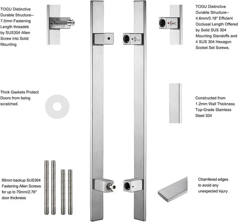 Heavy Duty Commercial Grade 36 Inch Solid Stainless Steel Push Pull Door Handle For Barn And Glass Doors With Full Brushed 304 Finish Solid Stainless Standoffs Deep Engagement Built Tough For Everyday Use with visible components and dimensions.