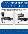 Digital caliper measuring Heavy Duty Half Inch FXF Swivel With MxM Adapter, showing size verification for hose reel fitting.