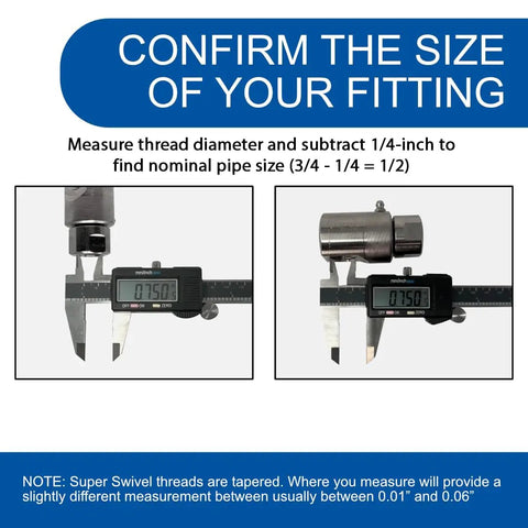 Digital caliper measuring Heavy Duty Half Inch FXF Swivel With MxM Adapter, showing size verification for hose reel fitting.