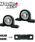 Front view of two Maple Ace pillow block bearings with solid bases, 7/8 bore, 2-bolt, self-aligning with silver inner races.