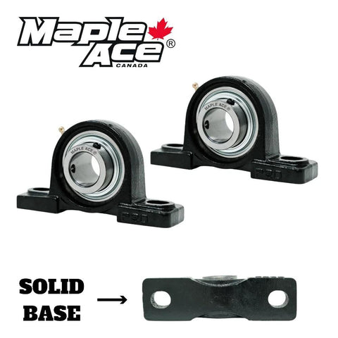Front view of two Maple Ace pillow block bearings with solid bases, 7/8 bore, 2-bolt, self-aligning with silver inner races.