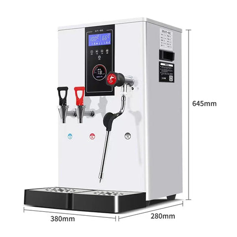 Heavy Duty Automatic Milk Steamer And Commercial Coffee Frother With Electric Steam For Next Level Creamy Microfoam Solid Stainless Steel Housing Straight Up Built Tough In Sleek White Finish 220 Volt front view with dimensions.