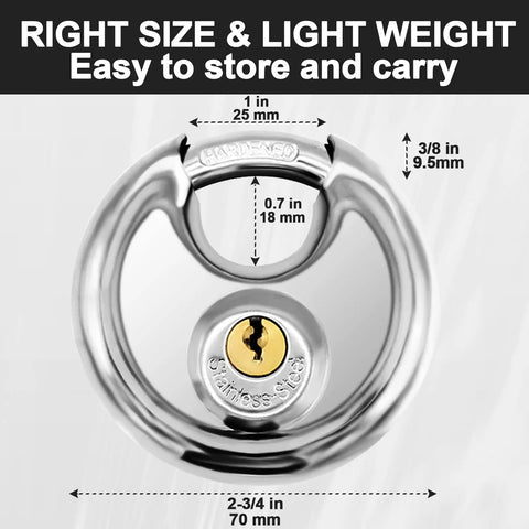 Keyed Disc Padlock 2 Pack Stainless Steel Heavy Duty Locks With 3/8 Inch Shackle Waterproof Rustproof For Storage Warehouse Garage Outdoor Use Keyed Different, showing lock dimensions.