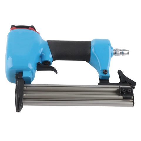 Professional Grade Pneumatic Brad and Staple Nailer with Insanely Fast Nailing Speed and Efficient Air Flow Usage and Sweet Grip for Furniture and Woodworking Tasks, blue handheld tool with durable metal frame.
