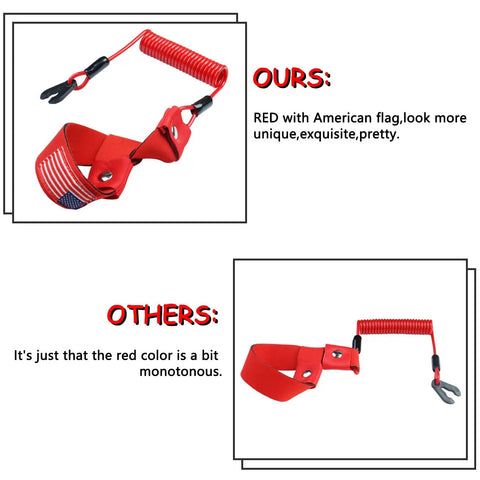 Comparison of two red 2 Pack Must Have Kill Switch Lanyard For Boat And Jet Ski Replacement Wrist Strap Emergency Kill Stop Cord Tether EW2-68348-00-00 Fits Marine Outboard Ignition Red With Flag, one with American flag design.