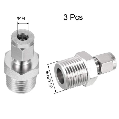 uxcell compression tube fitting, 1/2 NPT male x 1/4 in tube OD, double ferrules, 3 pcs, stainless steel