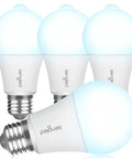 Motion Sensor A19 LED Bulbs Dusk To Dawn 5000K Daylight Motion Activated Indoor Outdoor Lighting 8.8W Equal 60W 800 Lumens For Porch Garage Hallway Weatherproof No Fuss 4 Pack, four bulbs
