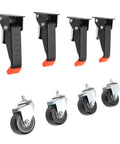 Tough As Nails Heavy Duty Workbench Casters With Three Inch Polyurethane Wheels And Retractable Pull Pins, featuring black pull pins and wheels.