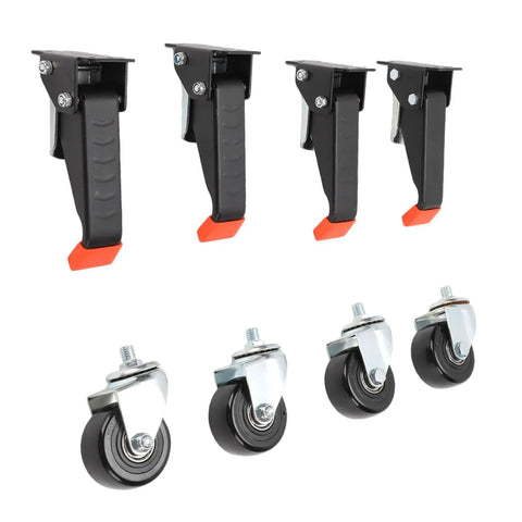 Tough As Nails Heavy Duty Workbench Casters With Three Inch Polyurethane Wheels And Retractable Pull Pins, featuring black pull pins and wheels.