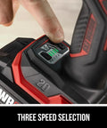 Heavy Duty 20V Cordless Impact Wrench Delivering Nut Crushing Mid Torque Power With 4.0 Ah Battery And Fast Auto Charger showing three speed selection feature with finger activating switch.