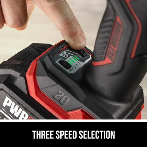 Heavy Duty 20V Cordless Impact Wrench Delivering Nut Crushing Mid Torque Power With 4.0 Ah Battery And Fast Auto Charger showing three speed selection feature with finger activating switch.