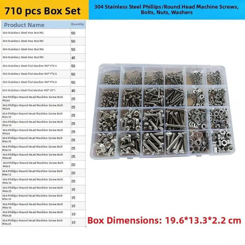 Top Shelf 710 Piece 304 Stainless Steel Fastener Kit With Cross And Round Head Machine Screws Bolts Nuts And Flat Washers In M2 M3 M4 M5 Metric Sizes, organized box set.