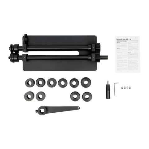 Heavy Duty Gear Driven Sheet Metal Bead Roller Machine With 12 Inch Bench And 6 Die Set, components laid out, including dies and manual