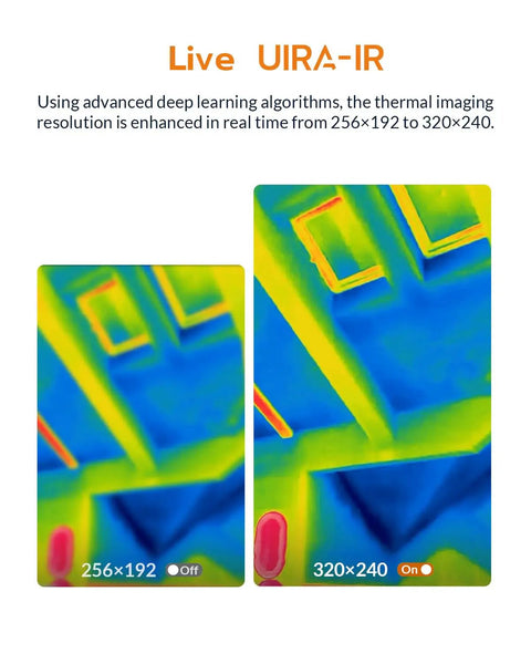 High Resolution Thermal Imaging Camera With 320x240 IR Sensor UIRA IR Thermometer Mode Native Heat Data And AI Powered Detection Portable Handheld Infrared Camera For Pros And DIY Enthusiasts showing 256x192 and 320x240 thermal view