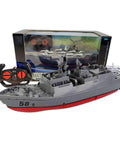 Remote Controlled Warship Battle Boat With 10kmh Top Speed And 4WD Power 2 4G RC Boat for lakes shown with controller and packaging
