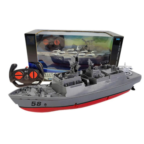 Remote Controlled Warship Battle Boat With 10kmh Top Speed And 4WD Power 2 4G RC Boat for lakes shown with controller and packaging