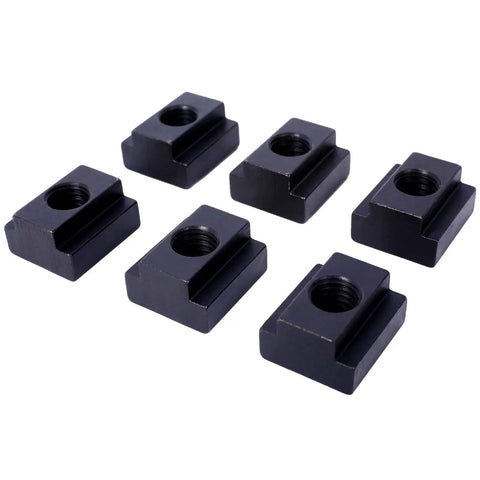 Set of five T-nuts from 58 Piece T-Slot Clamping Kit For Milling Machines With Cleaner And Wrench Machinist Set For 9/16 Inch Table Slots Durable Tool Steel Heat Treated Blue, black finish.