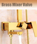 NUHSLF Shower System Luxury Brass Golden Shower Faucet Single Lever mixer valve close-up with water flow detail.