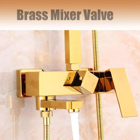 NUHSLF Shower System Luxury Brass Golden Shower Faucet Single Lever mixer valve close-up with water flow detail.