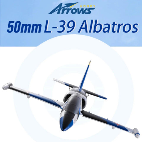 RC Arrows 50mm L39 RC Plane With Vector Flight Stabilization System PNP Blue, front view under logo, designed for hobbyists.