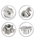 Beefy Grip Heavy Duty Four Claw T Nut Set 304 Stainless Steel KnockIn Captive Nut Inserts for wood shown in four views
