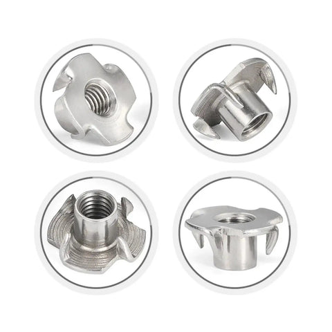 Beefy Grip Heavy Duty Four Claw T Nut Set 304 Stainless Steel KnockIn Captive Nut Inserts for wood shown in four views