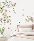 Rose Vine Floral Wall Decals Peel And Stick Watercolor Garden Theme for bedroom above bed with pink bedding