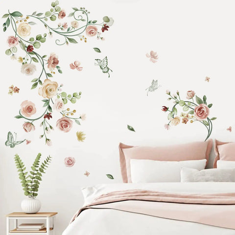 Rose Vine Floral Wall Decals Peel And Stick Watercolor Garden Theme for bedroom above bed with pink bedding