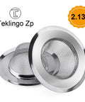 Stainless Steel Sink Strainer Hair Catcher Two Pack With Two Point One Three Inch Top And One Inch Basket Fits Bathroom Utility Laundry RV Lavatory Drains One Sixteenth Inch Holes Durable Easy Clean displayed in packaging