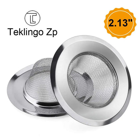 Stainless Steel Sink Strainer Hair Catcher Two Pack With Two Point One Three Inch Top And One Inch Basket Fits Bathroom Utility Laundry RV Lavatory Drains One Sixteenth Inch Holes Durable Easy Clean displayed in packaging