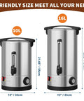Honest To Goodness Commercial Coffee Urn 110 Cup Electric Coffee Maker with sizes 10L and 16L shown, stainless steel material.
